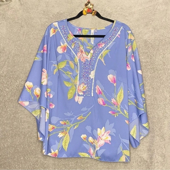 Ny Collection XL Top Shirt Blue Pink Floral Embellished V Neck Elbow Sleeve - Picture 1 of 7
